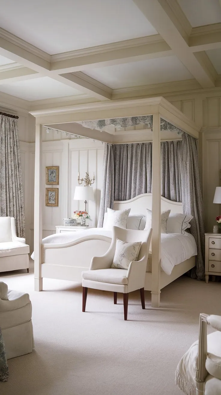 This light traditional bedroom exudes charm with its elegant English cottage wainscoting and bedroom wainscoting. The traditional English bedroom design is perfectly complemented by the four-poster bed, creating a luxurious country bedroom atmosphere. The bright traditional bedroom's paneling adds depth and character, reflecting a classic English decor style that is both timeless and inviting.