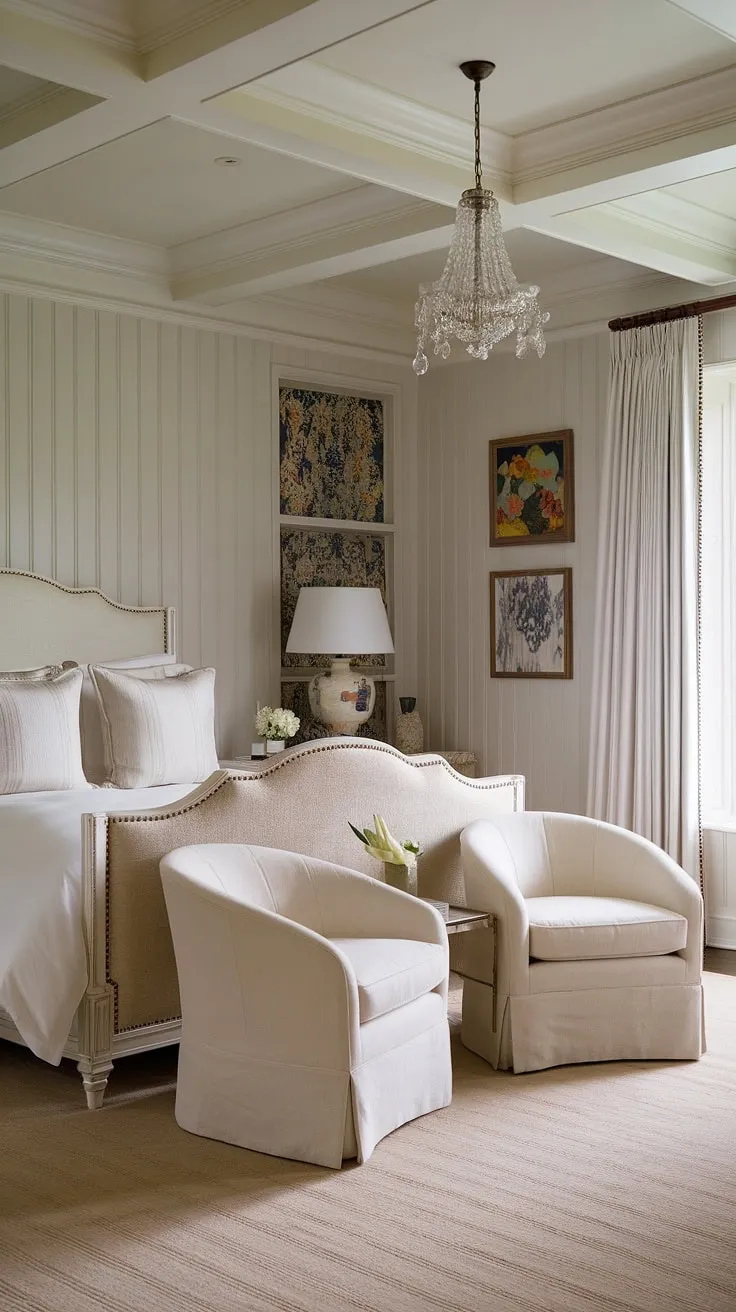 This English country house bedroom, with its classic English decor and charming english cottage wainscoting, is the epitome of light traditional bedroom style. The bedroom wainscoting adds timeless sophistication to this beautiful space.
