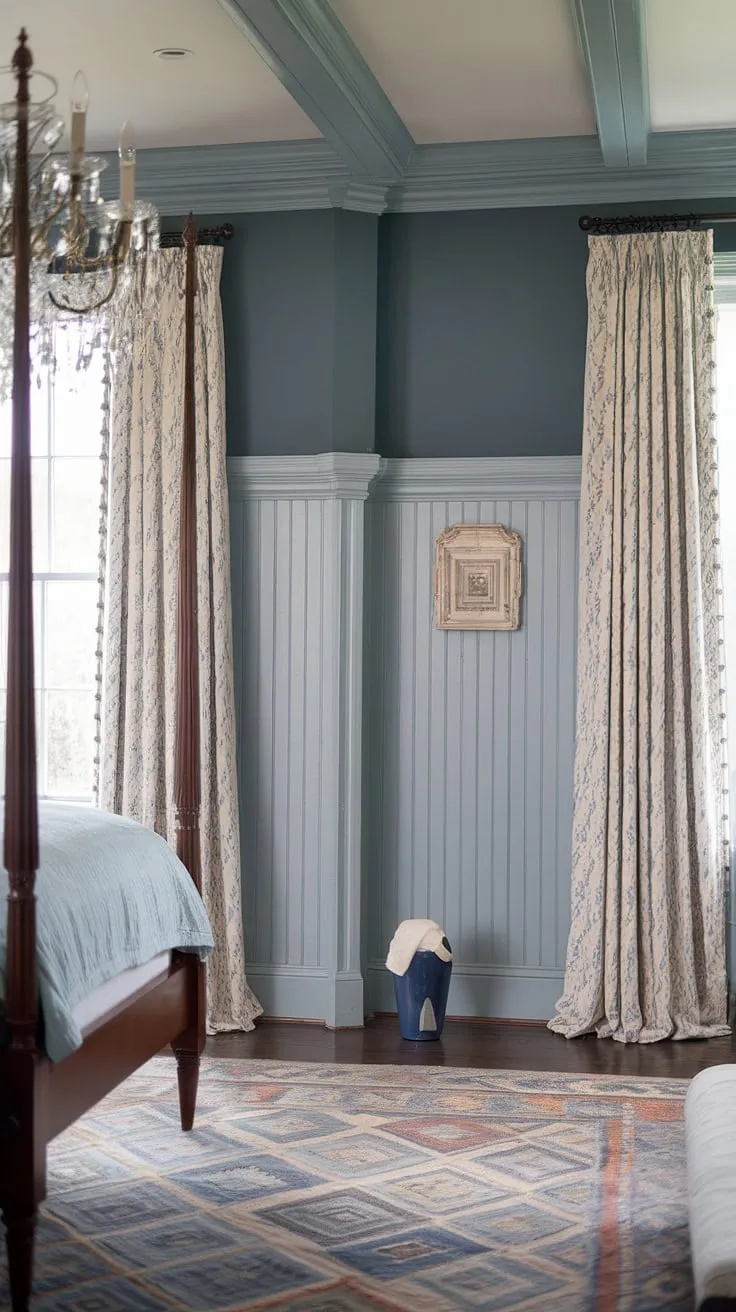 Bathed in sunlight, this bright traditional bedroom showcases exquisite master bedroom paneling. The beadboard wainscoting, extending to the ceiling, creates a stunning backdrop for the four-poster bed and chandelier, embodying the classic English decor of a luxury country bedroom. This traditional English bedroom design, with its soft blue walls and white curtains, perfectly captures the charm of an English country house bedroom, a testament to elegant english cottage wainscoting.
