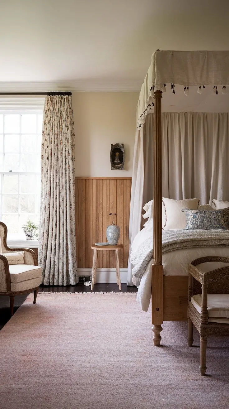 Elegant English country house bedroom featuring exquisite bedroom wainscoting. The charming english cottage wainscoting and bright traditional bedroom design create a sophisticated yet cozy atmosphere. A perfect example of luxury country bedroom style.