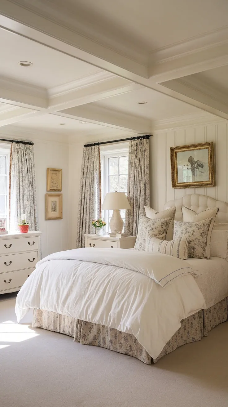 This airy and elegant luxury country bedroom is a testament to traditional English bedroom design. The high ceilings and light traditional color palette are complemented by the intricate beadboard wainscoting, a stunning example of english cottage wainscoting and master bedroom paneling. The classic English decor, featuring a plush white bed and white dresser, creates a peaceful and sophisticated English country house bedroom. The bedroom wainscoting adds a touch of timeless charm to this bright traditional bedroom.