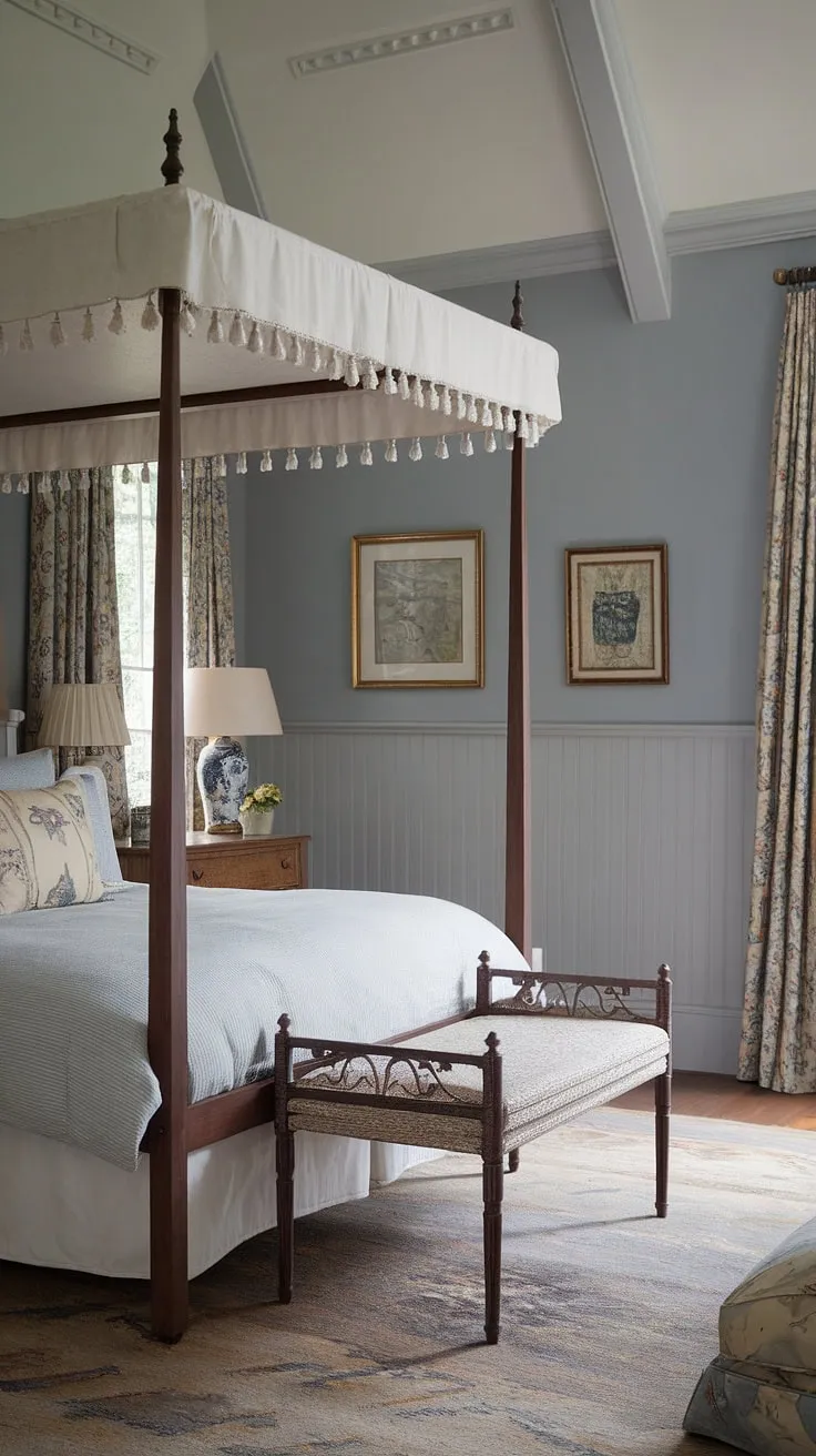 This light traditional bedroom is the epitome of an English country house bedroom. The bedroom wainscoting, featuring beautiful beadboard wainscoting, adds a touch of timeless elegance to the traditional English bedroom design. The four-poster bed, nestled on a soft rug, is the centerpiece of this luxurious space, showcasing the classic English decor and creating a truly restful retreat. The subtle blue walls and thoughtful details complete this master bedroom paneling and create a bright and airy feel.