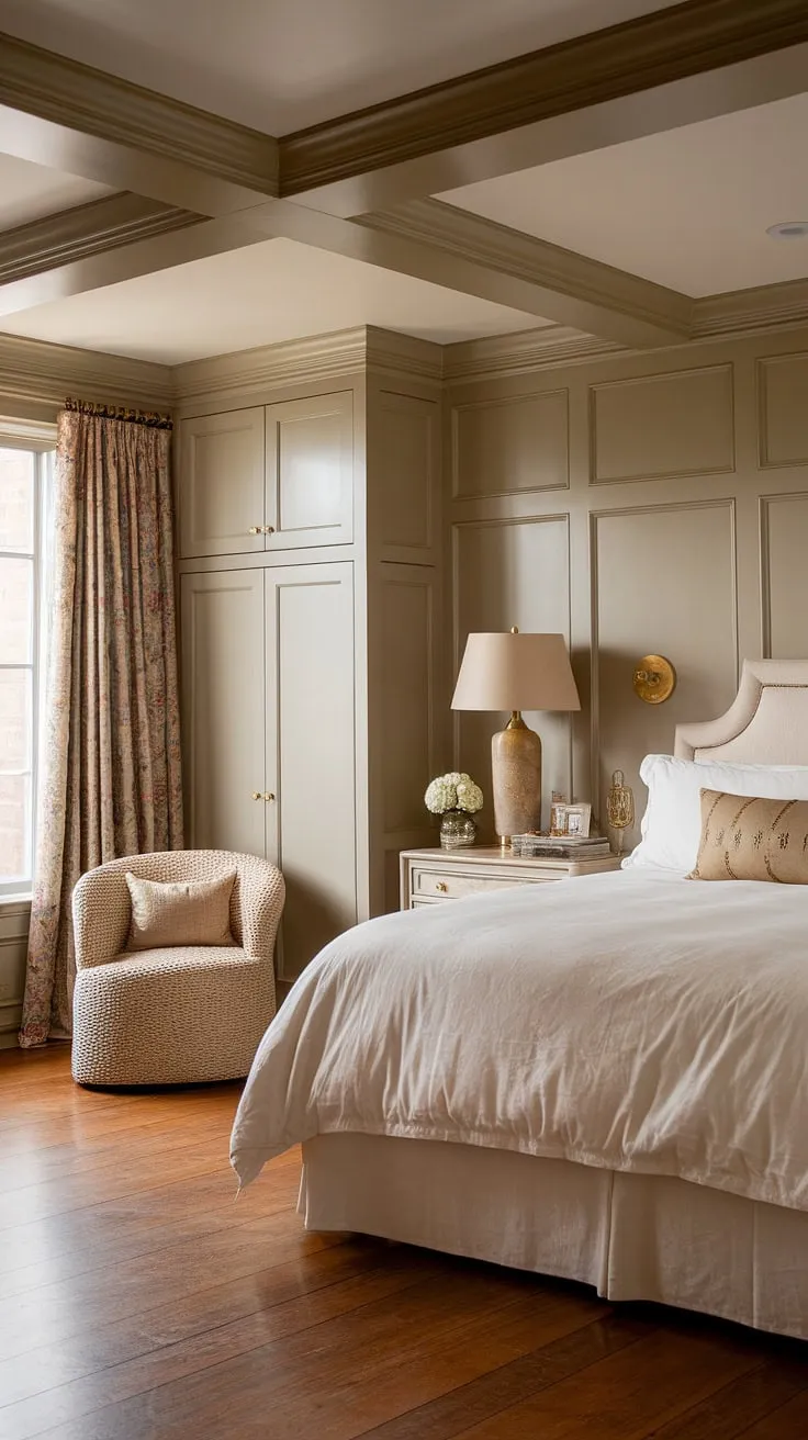 Elegant bedroom wainscoting defines this bright traditional bedroom, a perfect blend of classic English decor and luxury country bedroom style. The beadboard wainscoting adds character to this light traditional bedroom, showcasing a master bedroom paneling that's both timeless and inviting.
