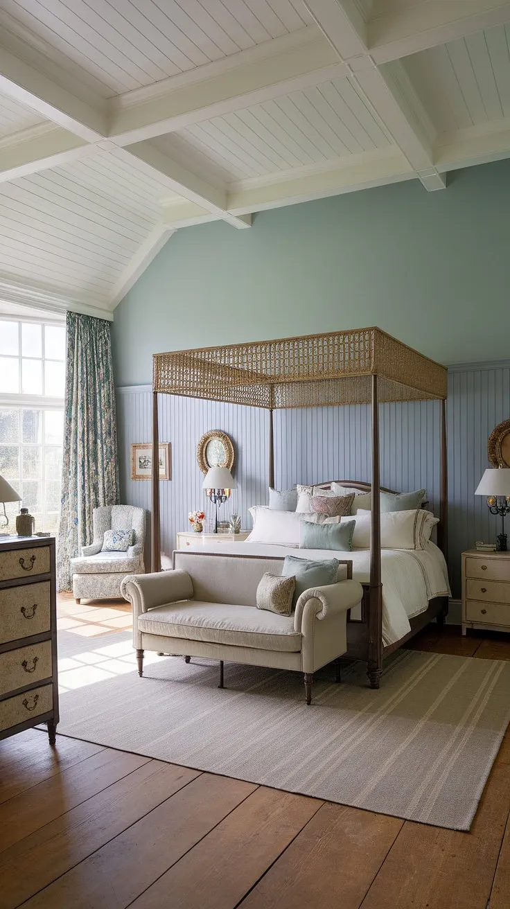 Serene escape in this luxury country bedroom. The beadboard wainscoting and soft blue walls create a classic English decor, perfectly complementing the light traditional bedroom's charm. This master bedroom paneling is the epitome of English country house bedroom style.