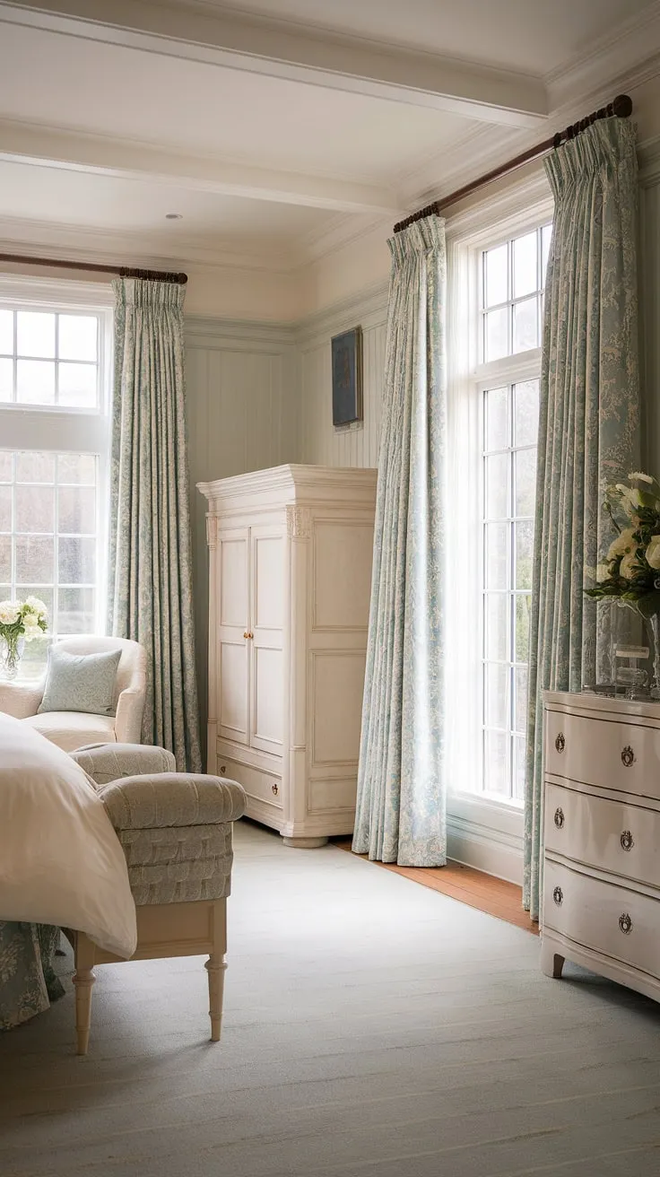 This light traditional bedroom showcases the beauty of bedroom wainscoting. The white beadboard wainscoting adds a touch of timeless elegance to this luxury country bedroom, while the high ceilings and large windows create a bright and airy feel. The traditional English bedroom design is completed with classic English decor, resulting in a truly stunning English country house bedroom.