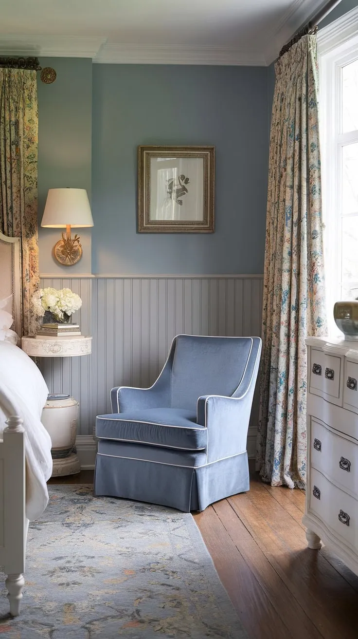 Bathed in soft light, this bright traditional bedroom showcases classic English decor at its finest. The beadboard wainscoting, a hallmark of English cottage wainscoting, adds texture and charm to the walls, complementing the white panel bed and elegant blue velvet chair. This luxury country bedroom, a true example of traditional English bedroom design, feels both sophisticated and inviting, complete with a white dresser and floral-curtained window. The master bedroom paneling and overall design create a serene English country house bedroom.