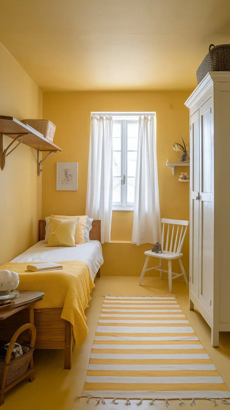 Sunshine streams into this cheerful yellow bedroom, showcasing a perfect blend of bright yellow bedroom ideas and cozy comfort. The ochre color palette bedrooms create a warm and inviting atmosphere, while the wooden bed and white wardrobe offer a touch of rustic charm. This small yellow bedroom ideas demonstrates how even a compact space can feel spacious and airy. Perfect for a spare room, this cute yellow room ideas features clever room decor bedroom yellow, including a striped rug and white chair. The yellow wall colors bedroom are a statement in themselves, making this a truly delightful yellow attic bedroom.