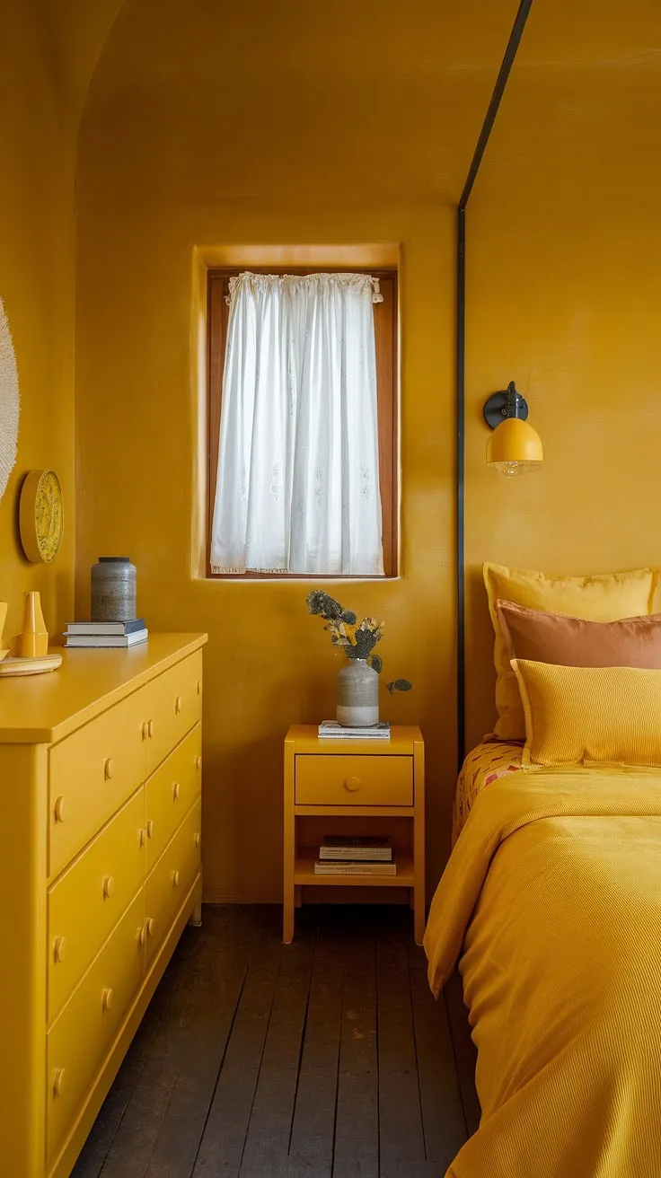 Sunshine soaked serenity. This ochre color palette bedroom proves that a yellow bedroom can be both bright and calming. Perfect for yellow spare bedroom ideas, or even a small yellow bedroom, this space is bursting with cute yellow room ideas.