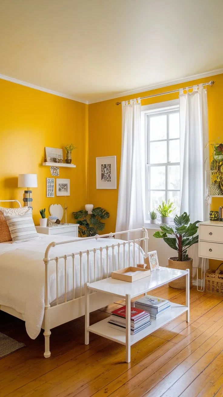This charming yellow bedroom demonstrates the versatility of a yellow wall colors bedroom. The ochre color palette bedrooms create a warm and inviting atmosphere, while the white accents keep the space feeling airy and bright. This is a fantastic example of yellow spare bedroom ideas and small yellow bedroom ideas, showing how even a compact room can feel spacious and cheerful. The simple decor and pops of personality make this a perfect illustration of cute yellow room ideas and bright yellow bedroom ideas. The light wood floors complement the yellow perfectly, making this a truly inspiring yellow bedroom.