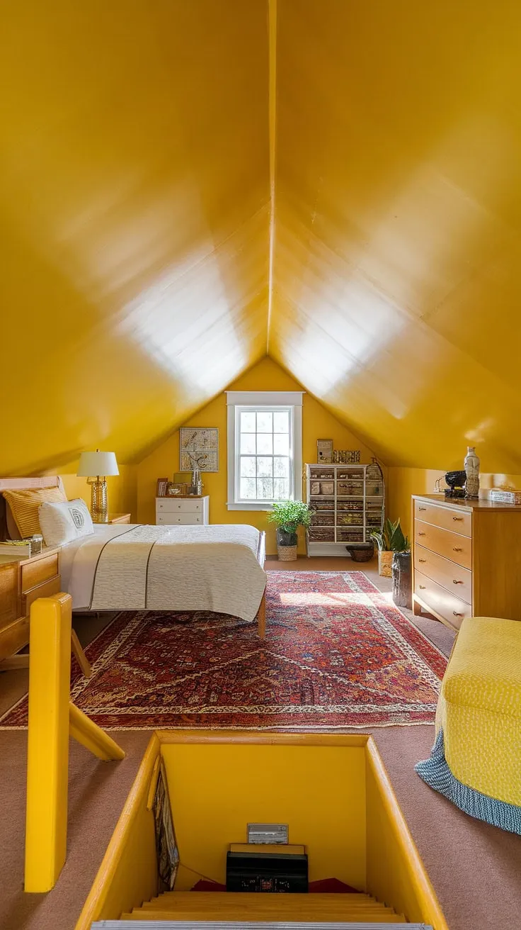 This yellow attic bedroom is a burst of sunshine! Explore yellow spare bedroom ideas with this bright yellow bedroom design. The ochre color palette bedrooms create a cozy and uplifting feel, while the small yellow bedroom ideas maximize space and functionality. The yellow wall colors bedroom are a bold choice, perfectly complemented by the simple furniture and patterned rug. This cute yellow room idea is a testament to how impactful yellow bedroom ideas can be, even in a sloped ceiling space. The room decor bedroom yellow is both playful and sophisticated.