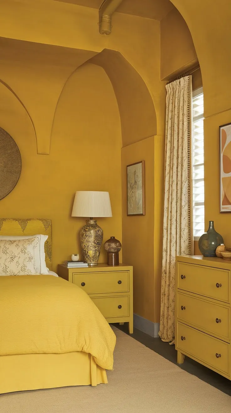 Bathed in sunshine, this bright yellow bedroom offers a cheerful and inviting space. The ochre color palette, from the walls to the furniture, creates a warm and cozy atmosphere perfect for relaxation. This small yellow bedroom, ideal for a spare room or attic conversion, showcases cute yellow room ideas and demonstrates how yellow wall colors bedroom can transform a space. With simple room decor bedroom yellow, like a vase and lamp, this design provides inspiration for yellow bedroom ideas and yellow spare bedroom ideas. The beige rug complements the bright yellow bedroom perfectly.