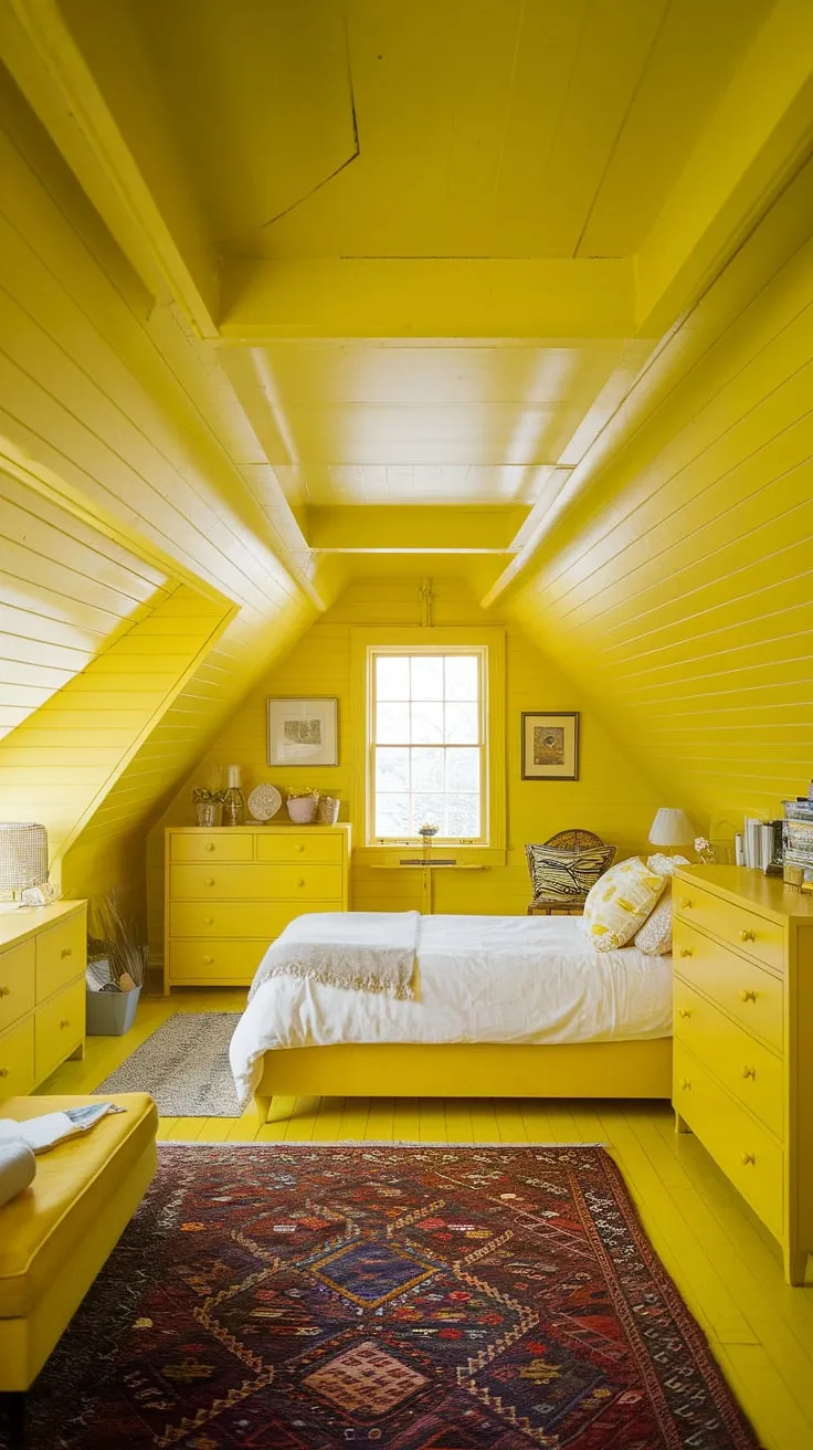 A bright yellow bedroom, brimming with sunshine and happy vibes. This yellow attic bedroom showcases the best of bright yellow bedroom ideas, offering a playful yet sophisticated take on yellow wall colors bedroom. Explore more yellow bedroom ideas and cute yellow room ideas for your own space, including options for small yellow bedroom ideas and yellow spare bedroom ideas.