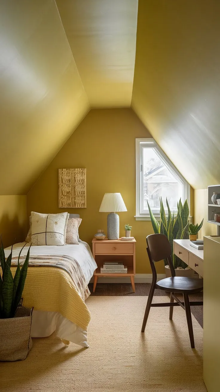 Sunshine streams into this cozy yellow attic bedroom, proving that even small spaces can be brimming with charm. Perfect inspiration for yellow bedroom ideas, yellow spare bedroom ideas, and ochre color palette bedrooms.