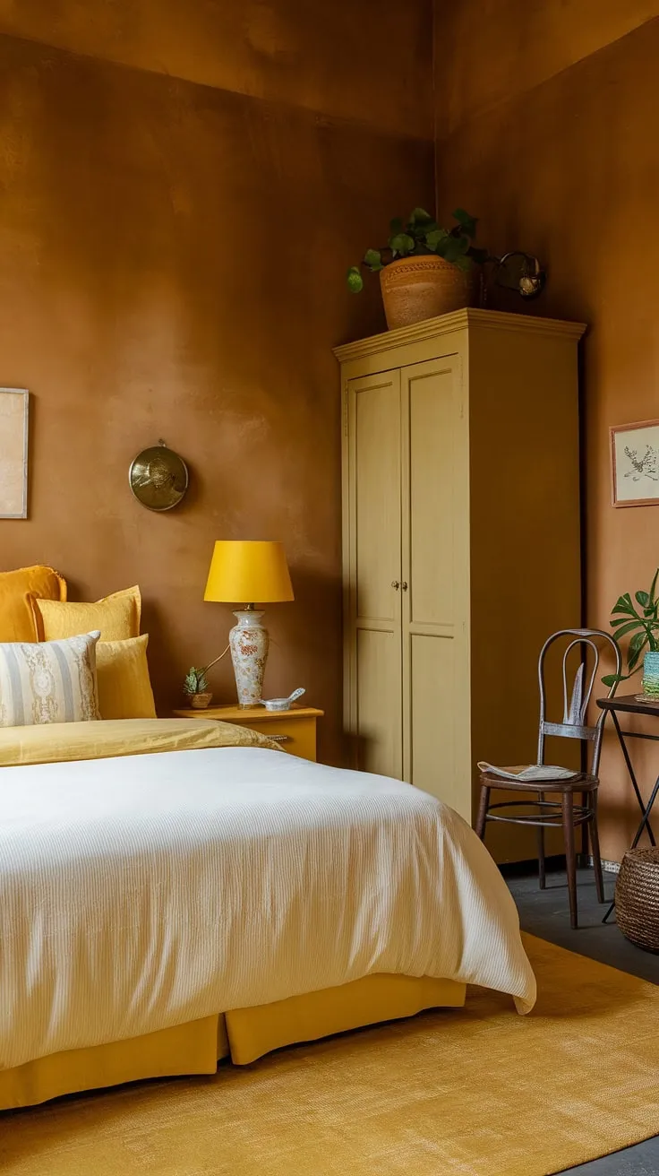 This ochre color palette bedrooms creates a wonderfully warm and inviting space in this small yellow bedroom. The yellow wall colors bedroom are perfectly balanced by the white bedding, creating a bright yet calming atmosphere. This room offers plenty of yellow bedroom ideas and small yellow bedroom ideas, demonstrating how to maximize space and style. The vintage lamp and simple furniture add to the charm, making it a perfect example of cute yellow room ideas and yellow spare bedroom ideas. The addition of a plant and a yellow area rug completes the room decor bedroom yellow, showcasing a bright yellow bedroom ideas that's both cozy and stylish. Consider this a perfect example of a yellow attic bedroom design.