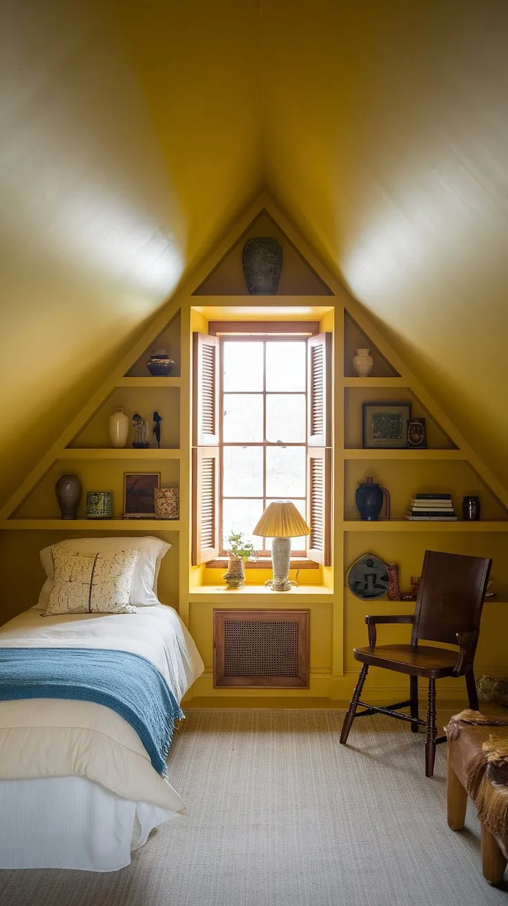 A bright yellow wall color transforms this cozy attic space into a haven of happy. Explore cute yellow room ideas and small yellow bedroom ideas, and discover the joy of a yellow attic bedroom with this room decor bedroom yellow inspiration.