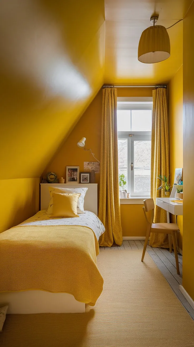 Sunshine streams into this cheerful yellow attic bedroom, brimming with cute yellow room ideas and perfect for small yellow bedroom ideas. The ochre color palette bedrooms creates a warm and inviting space.