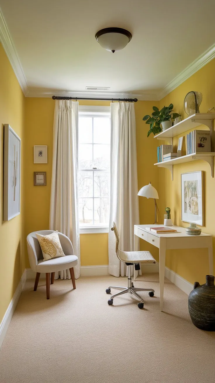 This bright yellow bedroom is a burst of sunshine! Perfect for yellow spare bedroom ideas, this space utilizes a cheerful yellow wall colors bedroom scheme to maximize light and create a welcoming feel. The simple white desk and chair, along with the small bookshelf and plant, offer functional storage and a touch of nature. These yellow bedroom ideas are ideal for those seeking a cute yellow room ideas, showcasing how an ochre color palette bedrooms can be both stylish and practical, even in a small space. Consider this a perfect example of room decor bedroom yellow and small yellow bedroom ideas done right.