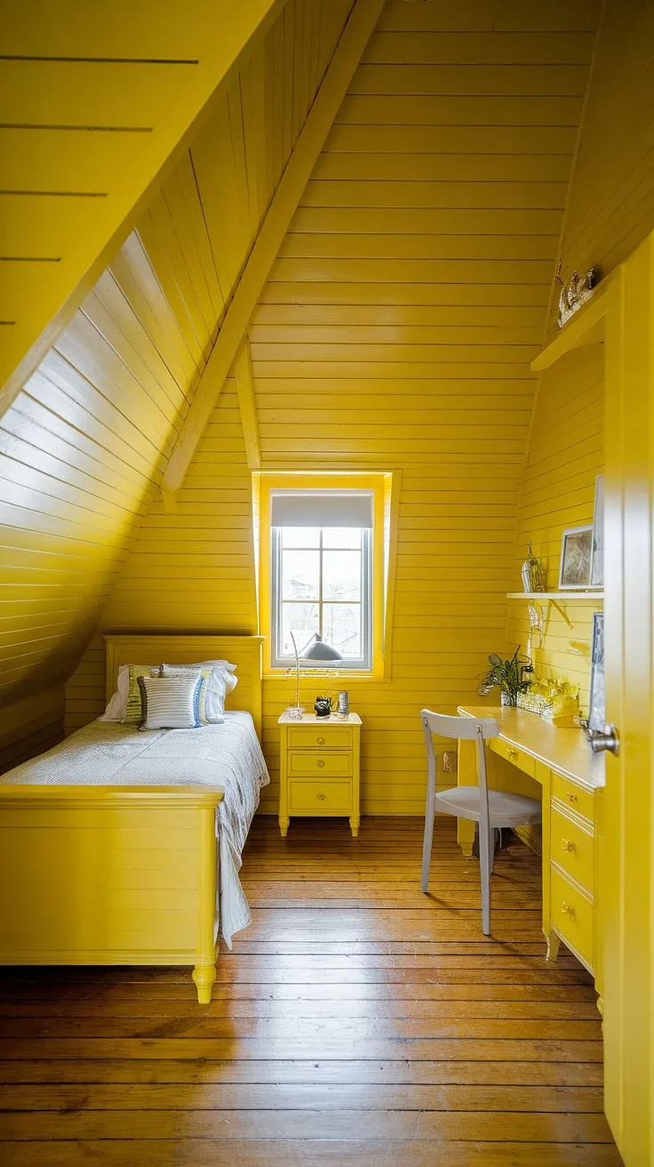 Sunshine floods this cheerful yellow attic bedroom, showcasing bright yellow bedroom ideas perfect for a small space. The ochre color palette bedrooms creates a warm and inviting atmosphere, with clever room decor bedroom yellow maximizing the limited space. This is a great example of yellow spare bedroom ideas and cute yellow room ideas, proving that even a small yellow bedroom can be brimming with personality. The yellow wall colors bedroom are complemented by the light wood floors.