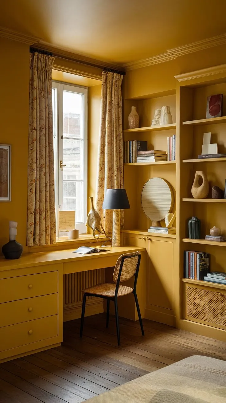 This ochre color palette bedrooms design demonstrates how to maximize charm in a small space. The yellow bedroom is brimming with light, thanks to the strategically placed window and bright yellow bedroom ideas. The simple yet stylish furniture, including a compact desk and chair, makes this a functional and aesthetically pleasing yellow spare bedroom. Perfect for those seeking yellow bedroom ideas or small yellow bedroom ideas, this room's warm tones and thoughtful decor offer inspiration for creating a cute yellow room, even in a yellow attic bedroom. The yellow wall colors bedroom are the perfect starting point for this room decor bedroom yellow.