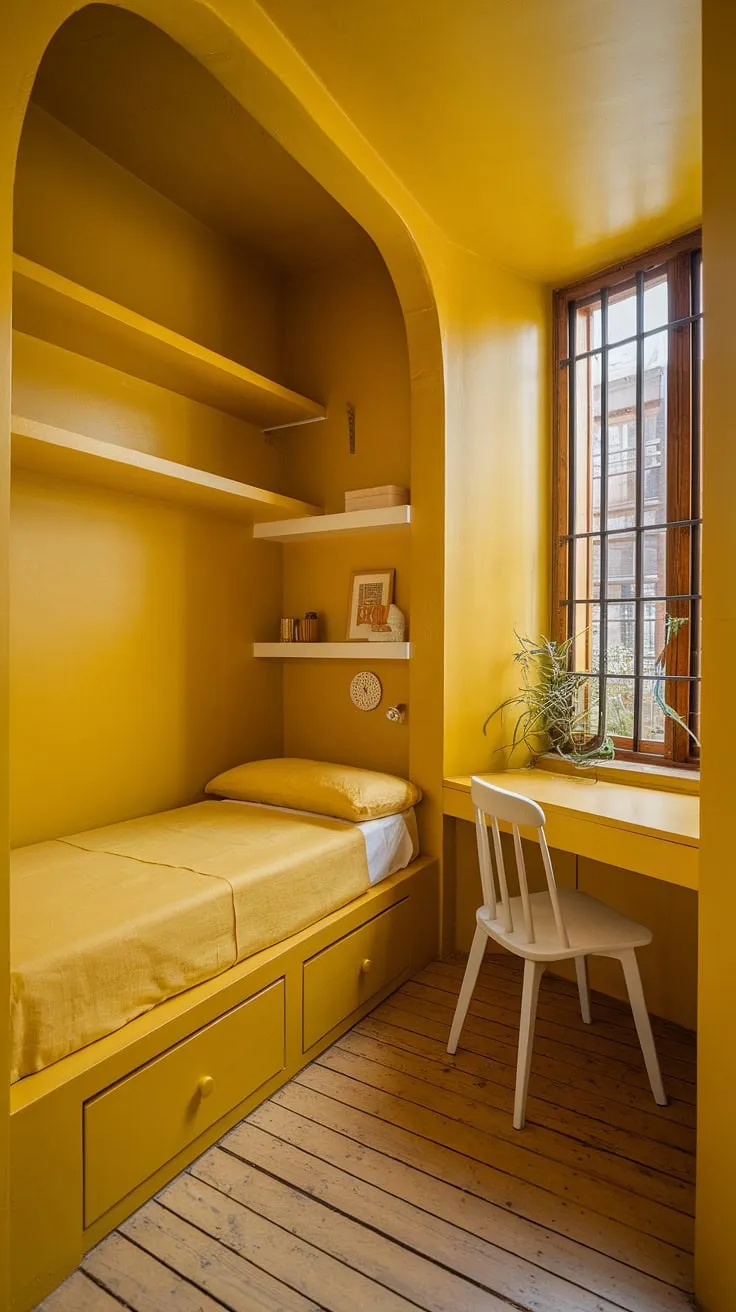 Sunshine soaked and perfectly sized: this small yellow bedroom proves that bright yellow wall colors bedroom can create a cheerful and functional space. Plenty of yellow bedroom ideas for a happy retreat.