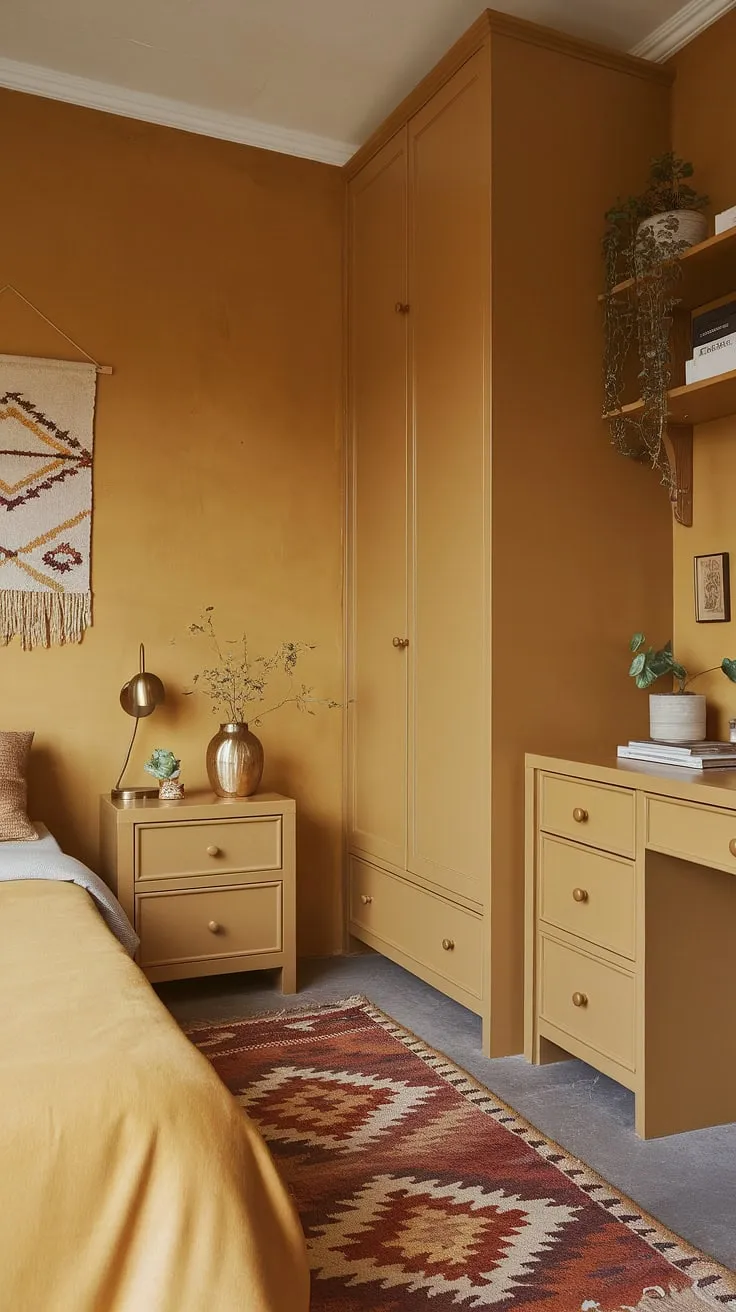 Transform your space with the joy of yellow! This ochre color palette bedroom offers inspiring yellow bedroom ideas, perfect for a small space or a cozy attic bedroom. Find more yellow wall colors bedroom and room decor bedroom yellow inspiration for your next project. Discover cute yellow room ideas and bright yellow bedroom ideas to brighten your day.