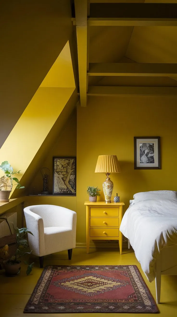 Sunshine soaked and perfectly petite: this yellow attic bedroom proves that small spaces can be bursting with personality. Explore more yellow bedroom ideas, from bright yellow bedroom ideas to ochre color palette bedrooms, and find the perfect shade for your own space.