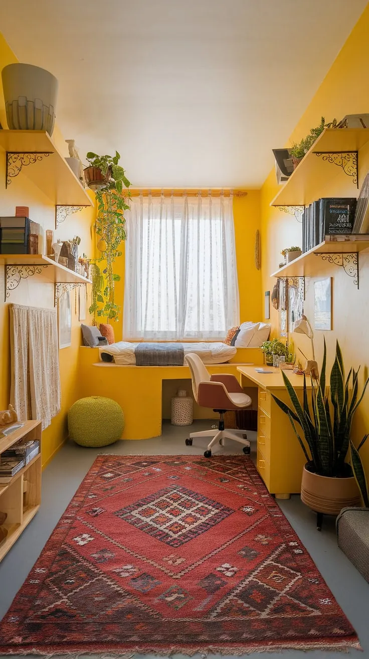 This small yellow bedroom, painted in a cheerful yellow, is a masterclass in maximizing space and style. The loft bed adds a touch of whimsy, while the carefully curated shelves and plants bring warmth to the ochre color palette bedrooms. From the yellow wall colors bedroom to the thoughtfully chosen room decor bedroom yellow, this space is bursting with cute yellow room ideas. It's a perfect example of yellow bedroom ideas, yellow spare bedroom ideas, and bright yellow bedroom ideas, proving that even a small space can be transformed into a cozy and stylish haven. This yellow attic bedroom is a great example of small yellow bedroom ideas.