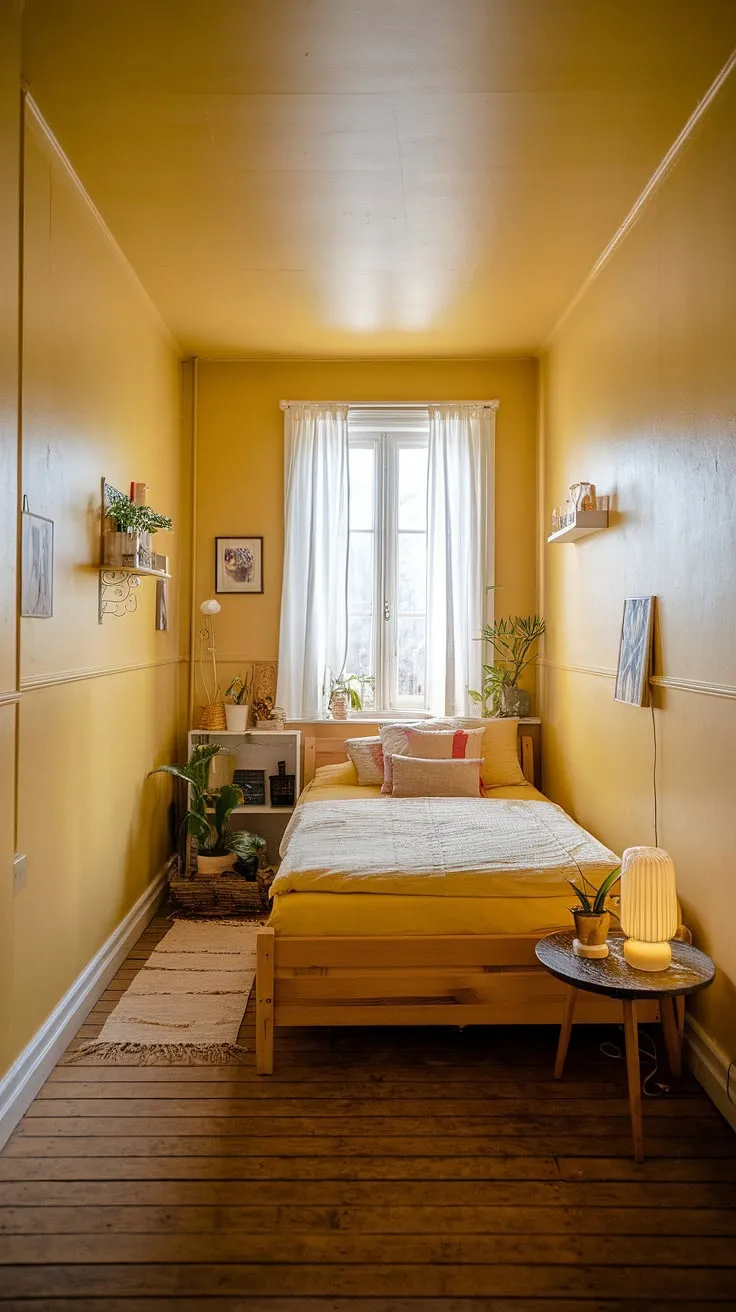 Bathed in sunshine, this small yellow bedroom offers a burst of cheerful energy. The ochre color palette bedrooms creates a warm and inviting space, perfect for relaxation. With clever room decor bedroom yellow and simple furniture, it showcases brilliant yellow wall colors bedroom and offers plenty of yellow bedroom ideas, even for a yellow attic bedroom. The addition of a plant and a lamp adds to the cozy atmosphere, making it a great example of cute yellow room ideas and small yellow bedroom ideas, especially for a spare room.
