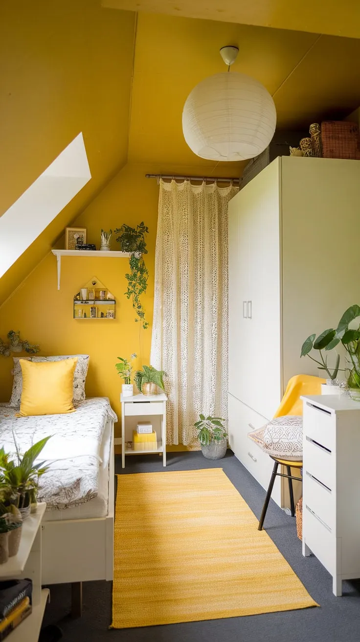 Bright yellow bedroom ideas shine in this cozy retreat. Explore yellow bedroom ideas and yellow spare bedroom ideas for your own happy haven. This yellow wall colors bedroom proves that small spaces can be big on style.