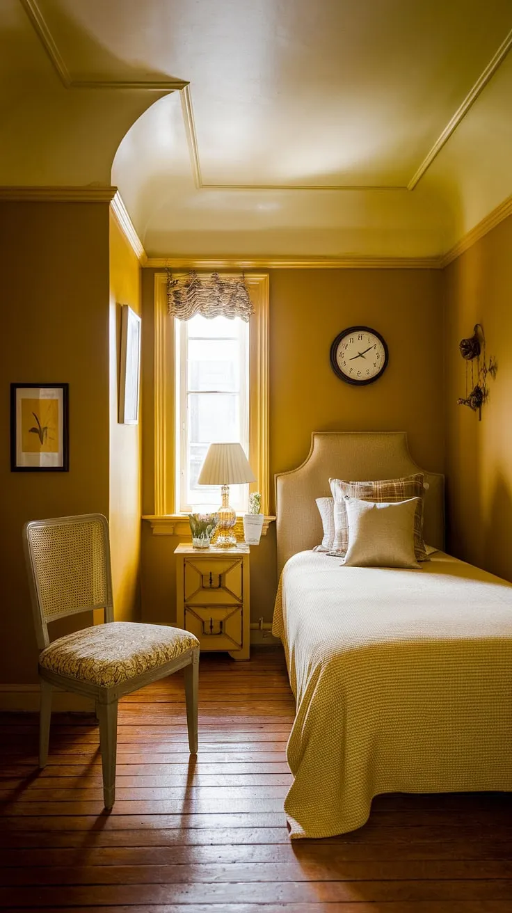 A bright yellow bedroom doesn't have to be overwhelming! This small yellow bedroom showcases how to use yellow wall colors bedroom effectively, creating a cheerful and inviting space. Explore more yellow attic bedroom and room decor bedroom yellow ideas here.