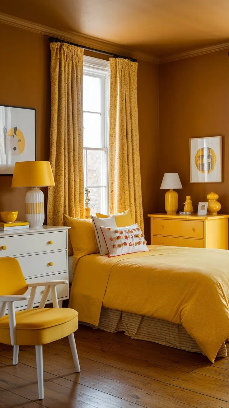 This charming yellow bedroom, painted in a warm ochre color, is a delightful example of yellow bedroom ideas. The carefully curated yellow and white color scheme, featuring a yellow duvet, white dresser with yellow drawers, and a yellow chair, creates a bright yet inviting space. Ideal for those seeking yellow spare bedroom ideas or bright yellow bedroom ideas, this room proves that even a small yellow bedroom ideas can be filled with personality and style. The wooden floor and simple artwork complete the look, making it a perfect example of room decor bedroom yellow.