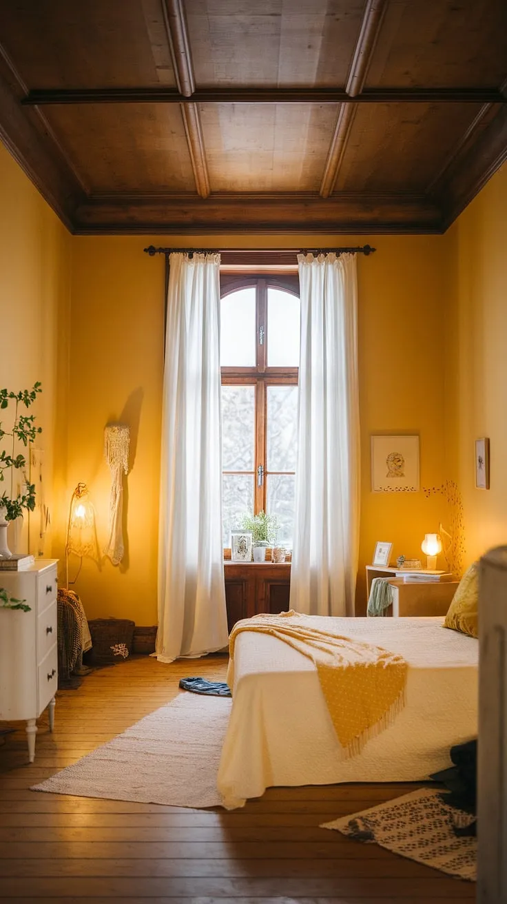 Sunshine streams into this cozy yellow bedroom, perfect for those seeking yellow bedroom ideas or cute yellow room ideas. The ochre color palette bedrooms create a warm and inviting atmosphere.