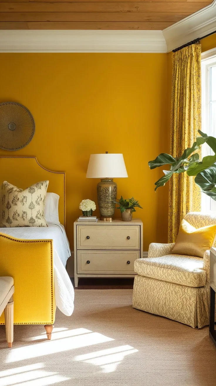Bathed in sunshine, this bright yellow bedroom offers a cheerful retreat. The ochre color palette, complemented by a beige rug and wooden ceiling, creates a warm and inviting atmosphere. Perfect for yellow spare bedroom ideas, this space showcases how to maximize charm in a small yellow bedroom, offering cute yellow room ideas and inspiration for yellow wall colors in the bedroom. The simple yet stylish decor makes it a fantastic example of yellow bedroom ideas and room decor in a yellow attic bedroom.