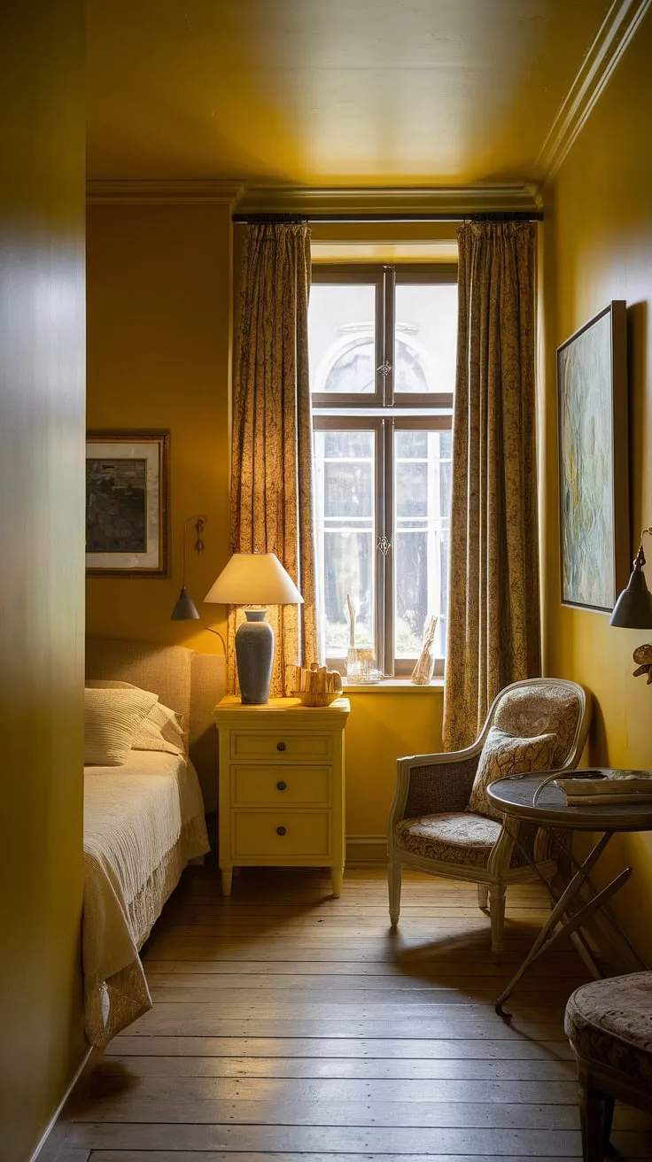 This cute yellow room ideas showcases the versatility of a yellow bedroom. The ochre color palette bedrooms create a warm and inviting atmosphere in this small space. Explore yellow bedroom ideas with this inspiring example, featuring clever use of space and bright yellow bedroom ideas. The yellow wall colors bedroom are perfectly complemented by the wooden floors and simple decor, making it a perfect example of small yellow bedroom ideas.