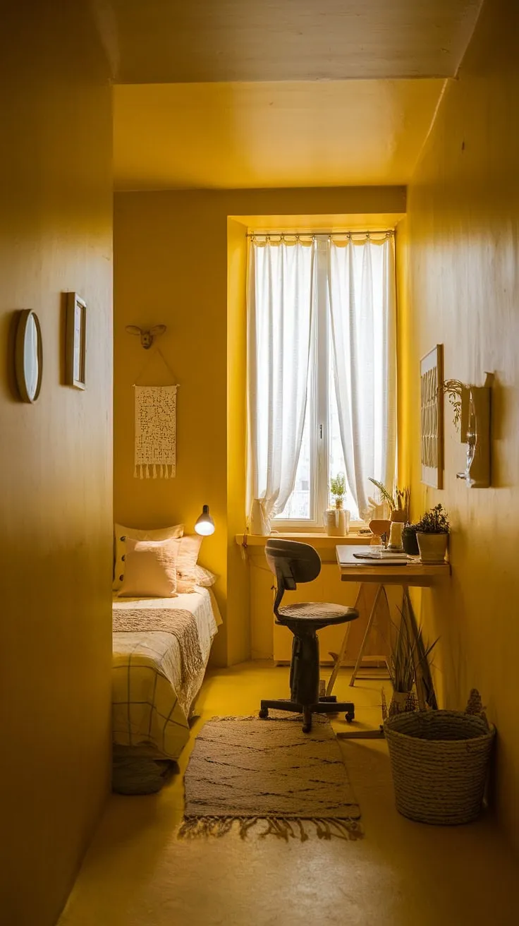Bathed in sunshine, this small yellow bedroom is a haven of cozy charm. The bright yellow walls, a perfect example of yellow wall colors bedroom, create a cheerful atmosphere, while the simple furniture and decor offer a sense of calm. This is a fantastic example of yellow bedroom ideas, particularly for those seeking cute yellow room ideas or small yellow bedroom ideas. The ochre color palette bedrooms feel is subtly present, making it ideal as a yellow spare bedroom ideas solution. The window, dressed in white curtains, lets in natural light, enhancing the room's inviting ambiance. This room decor bedroom yellow showcases how even a yellow attic bedroom can be transformed into a delightful space.