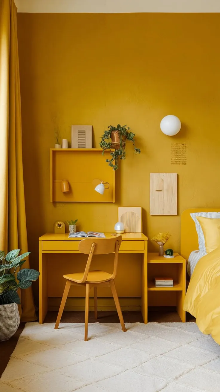 Bathed in sunshine, this bright yellow bedroom boasts a cheerful ochre color palette. Perfect for a spare room or a cozy attic space, the yellow wall colors create a warm and inviting atmosphere. With a small desk, comfortable chair, and thoughtfully placed decor, this room showcases cute yellow room ideas and clever solutions for small yellow bedroom ideas. The white rug adds a touch of brightness, making it a prime example of yellow bedroom ideas and ochre color palette bedrooms. Room decor in this yellow bedroom is minimal yet impactful, proving that less is more.