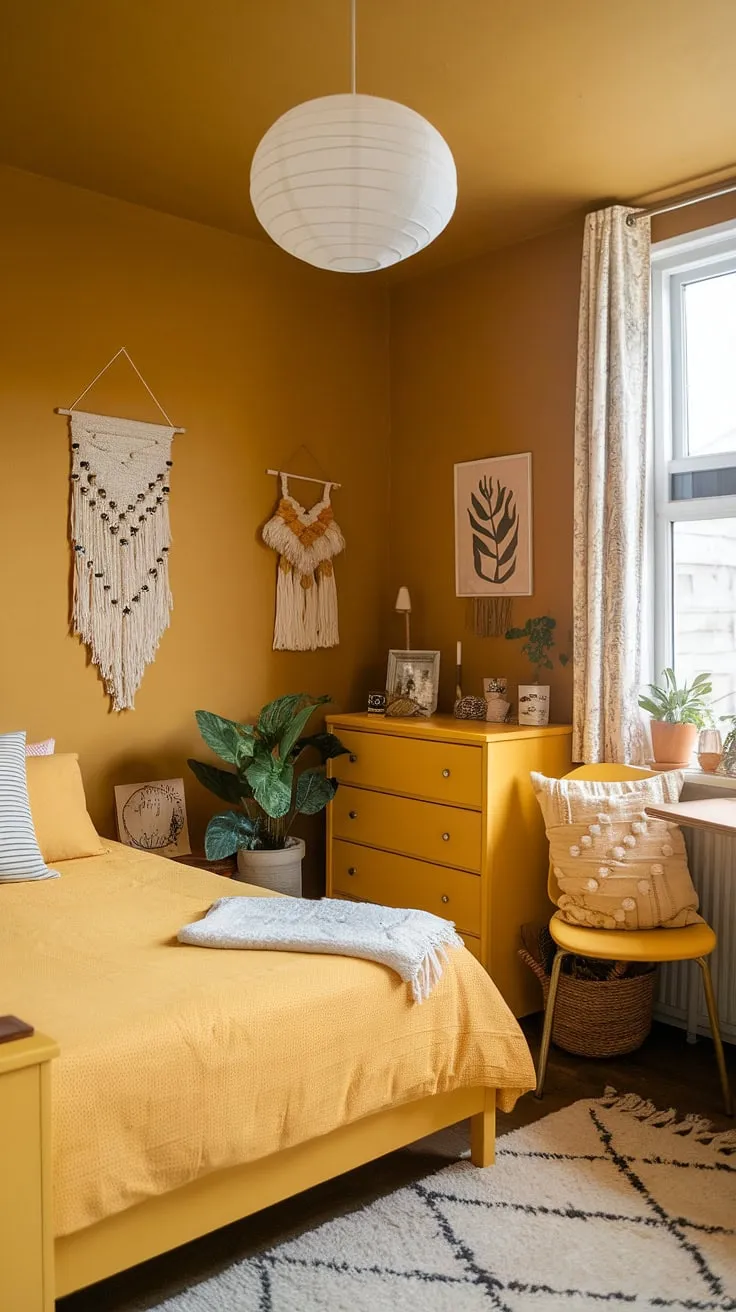 This ochre color palette bedrooms design proves that a small space can be incredibly stylish and inviting. This yellow bedroom is bursting with sunshine thanks to the clever use of yellow wall colors bedroom. The yellow bed, dresser, and chair create a cohesive and cheerful aesthetic, perfect for those seeking yellow bedroom ideas or bright yellow bedroom ideas. The addition of a white rug and lampshade provides a subtle contrast, while personal touches and decor complete the look. Consider this a brilliant example of cute yellow room ideas, yellow spare bedroom ideas, room decor bedroom yellow, and small yellow bedroom ideas, even for a yellow attic bedroom.