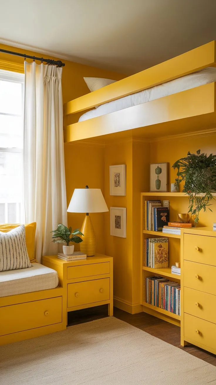 This cheerful yellow bedroom is bursting with sunshine and style! The yellow wall colors bedroom create a happy and uplifting space, while the lofted bed maximizes space. This is a great example of yellow bedroom ideas, particularly for those seeking yellow spare bedroom ideas. The ochre color palette bedrooms are complemented by simple decor, making it a cute yellow room idea that's both functional and aesthetically pleasing. Consider this inspiration for your own small yellow bedroom ideas.