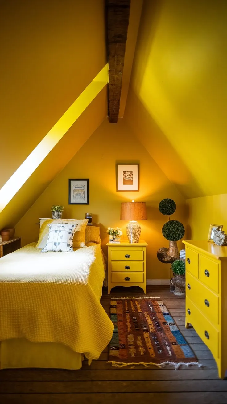 Bright yellow walls and charming details transform this small space into a delightful retreat. Find more cute yellow room ideas, bright yellow bedroom ideas, and room decor bedroom yellow inspiration for your own yellow wall colors bedroom or yellow attic bedroom makeover.
