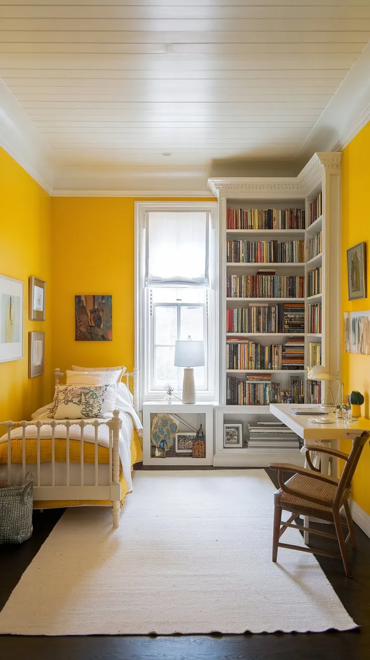 This cheerful yellow attic bedroom is bursting with bright yellow bedroom ideas. The white furniture and rug keep the space feeling open and inviting, while the simple decor adds personality without overwhelming the small space. Consider this a perfect example of yellow wall colors bedroom and cute yellow room ideas, showcasing a successful ochre color palette bedrooms approach. It's a fantastic source of inspiration for yellow spare bedroom ideas and small yellow bedroom ideas.