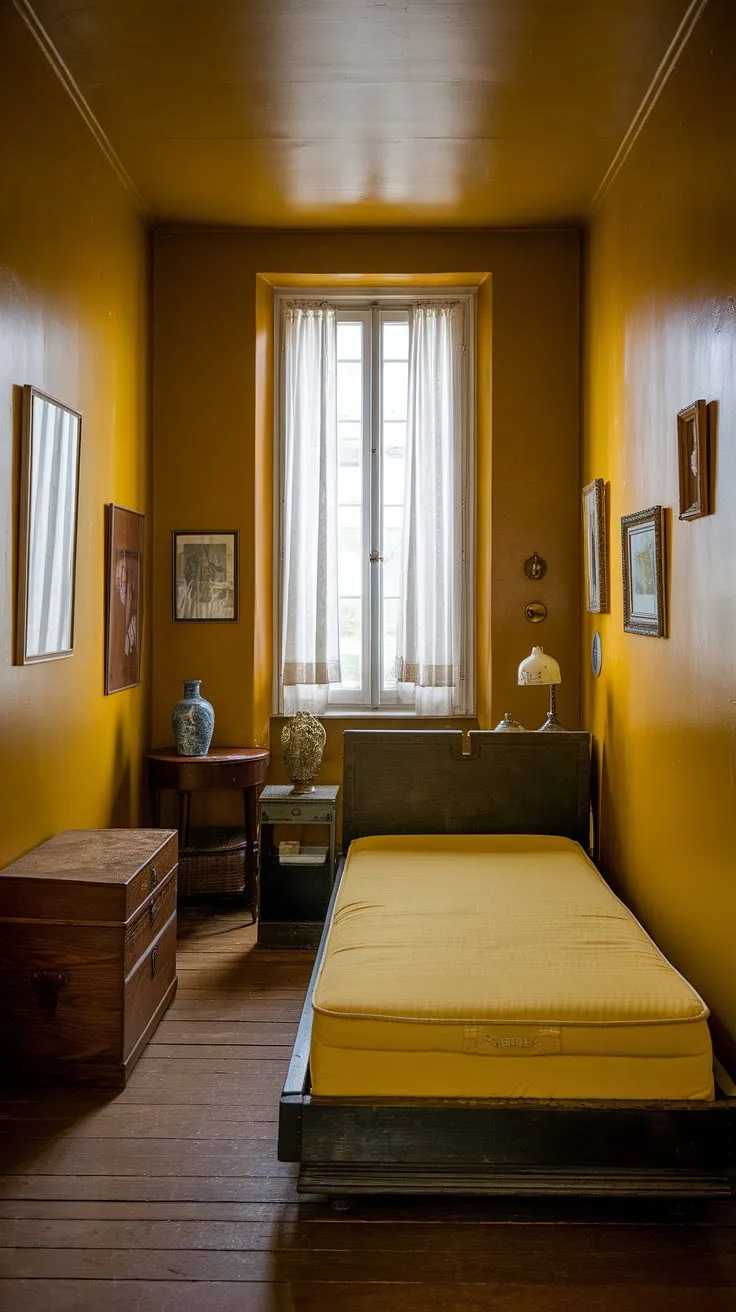 A burst of sunshine in a small space! This yellow bedroom, with its vintage wooden bed and ochre color palette bedrooms, offers inspiring yellow bedroom ideas and small yellow bedroom ideas. Consider this for your yellow attic bedroom or explore more room decor bedroom yellow options.