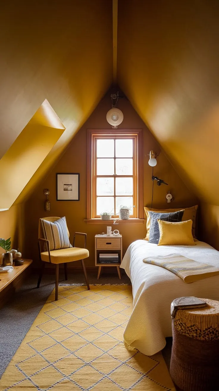This small yellow bedroom, nestled under the eaves, is a masterclass in maximizing space and style. The ochre color palette bedrooms are a dream, creating a bright and airy feel despite the sloped ceiling. This yellow attic bedroom is brimming with yellow bedroom ideas, from the cheerful yellow wall colors bedroom to the carefully chosen accents. For those seeking yellow spare bedroom ideas or cute yellow room ideas, this space offers inspiration. The simple yet effective room decor bedroom yellow, including the patterned rug and wooden furniture, completes the look. Consider this a perfect example of bright yellow bedroom ideas for a small space.