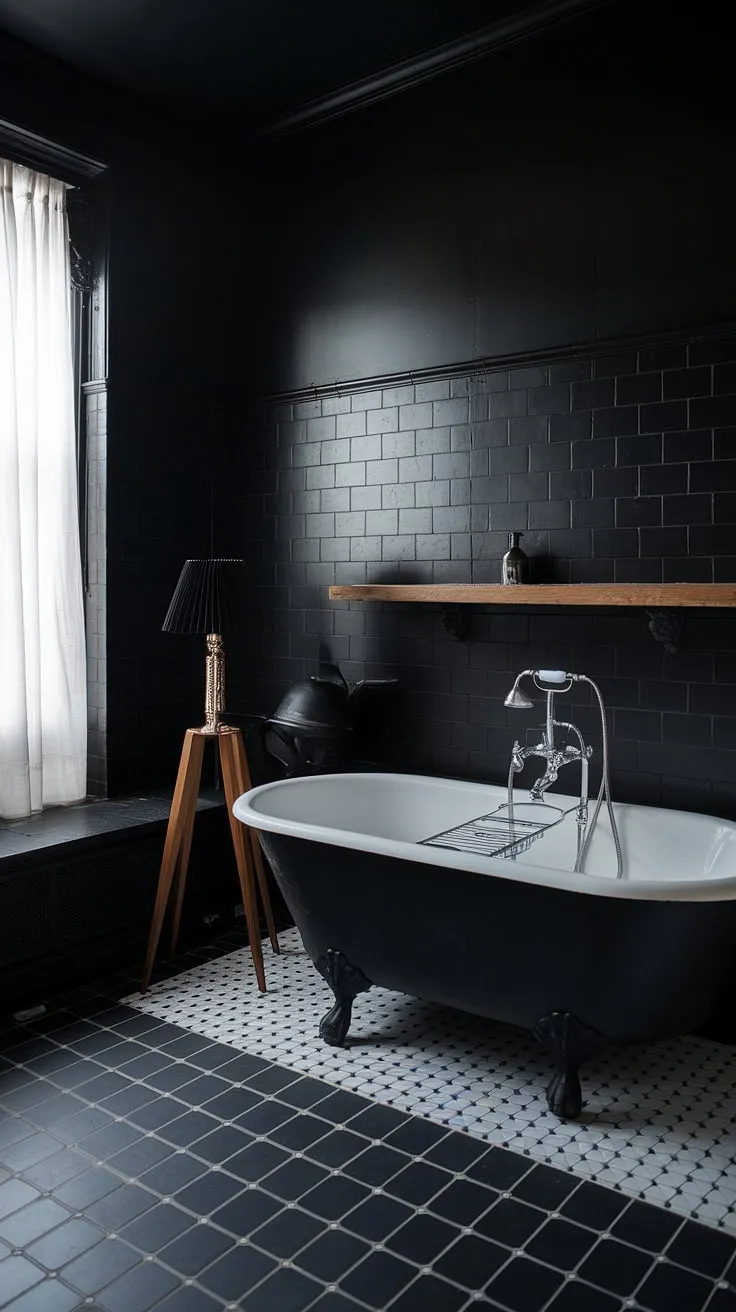 Bathed in shadow and sophistication, this all-black bathroom showcases the dramatic beauty of black tile bathrooms. Black wainscoting adds a touch of classic elegance, complementing the sleek black bathroom walls and the rustic charm of the clawfoot tub. A wooden shelf and lamp offer warm contrast, while the black and wood bathroom aesthetic is completed by the black shiplap and checkered floor. This moody space is a masterclass in black bathroom decor ideas.