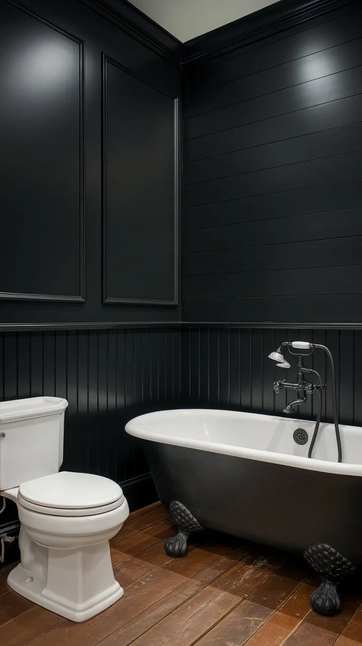 This all-black bathroom is a masterclass in moody elegance. Black wainscoting and black bathroom walls are punctuated by the sleek lines of a clawfoot tub with black hardware. The black shiplap adds texture and visual interest, while the wood flooring provides a grounding element. Explore these black bathroom decor ideas for a truly unique and unforgettable space. This is a perfect example of how to incorporate black tile bathrooms into a luxurious and inviting design, offering fresh clawfoot tub ideas.