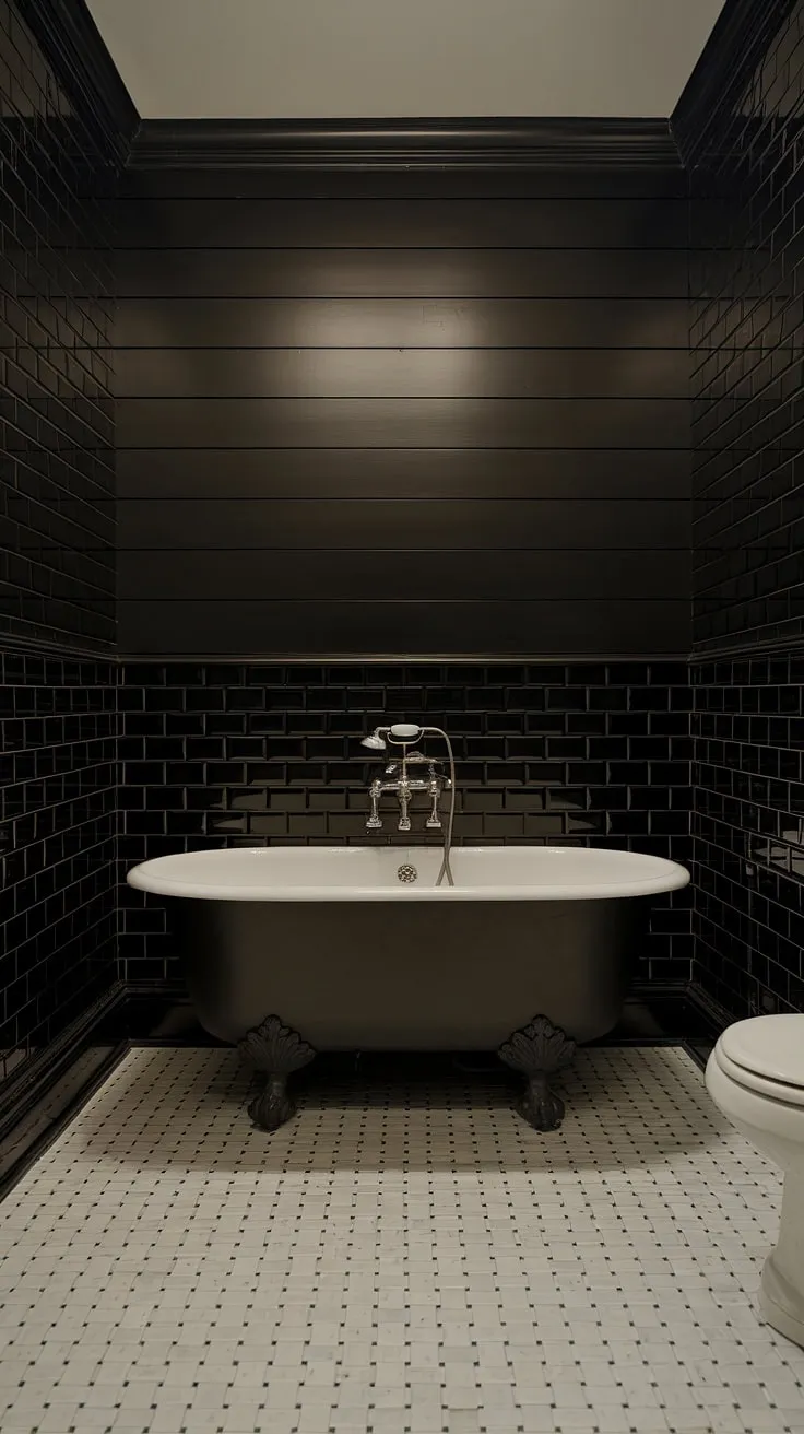 Indulge in the drama: Black bathroom walls and black wainscoting create a sophisticated sanctuary. This black and wood bathroom, complete with a clawfoot tub and black and white checkered floors, showcases unique black bathroom decor ideas and inspiring clawfoot tub ideas.
