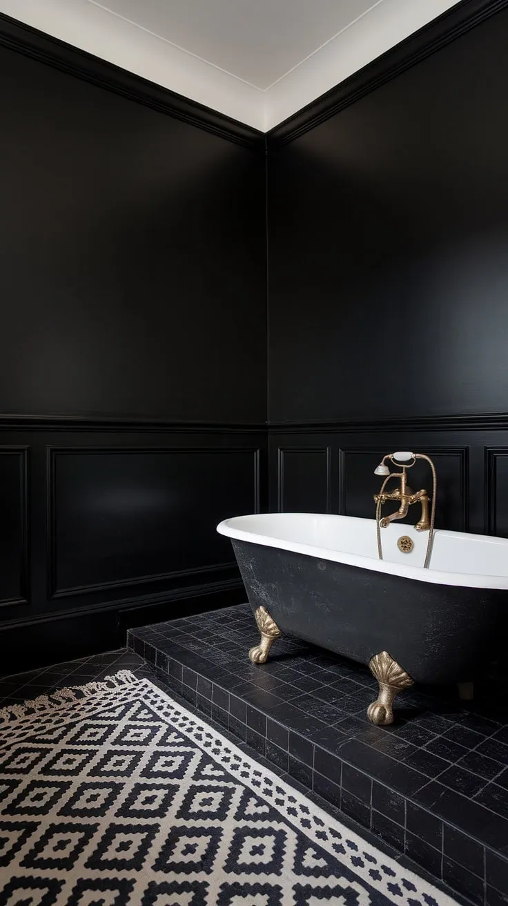 This all-black bathroom is a study in sophisticated style. The black shiplap wainscoting extends seamlessly to the black tile bathrooms floor, creating a dramatic backdrop for the stunning black clawfoot tub with its gleaming gold fixtures. The textured black tile and black and wood bathroom elements add depth and visual interest, showcasing unique black bathroom decor ideas. This design proves that a completely black bathroom can be both luxurious and inviting.