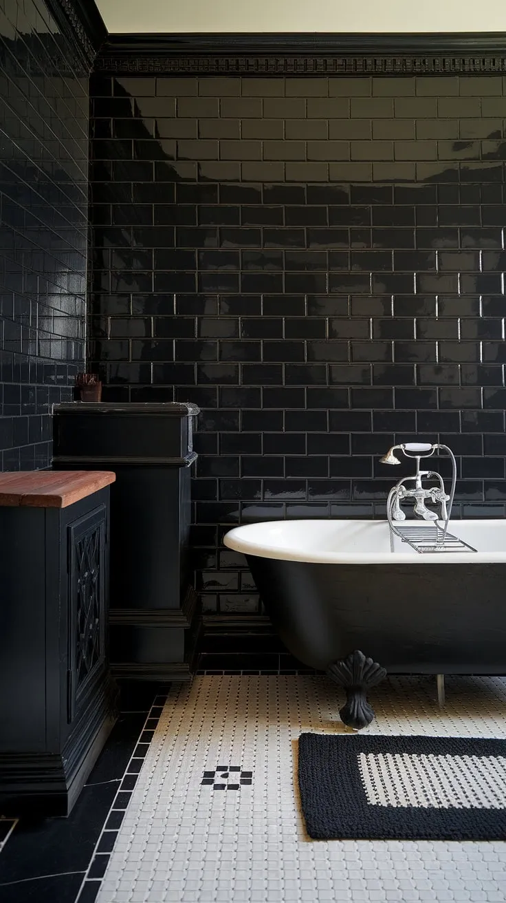 Indulge in the drama. This all-black bathroom, featuring black bathroom walls and black wainscoting, offers a unique take on luxury. Explore clawfoot tub ideas within this captivating space, a testament to bold black bathroom decor ideas and the timeless appeal of black tile bathrooms.