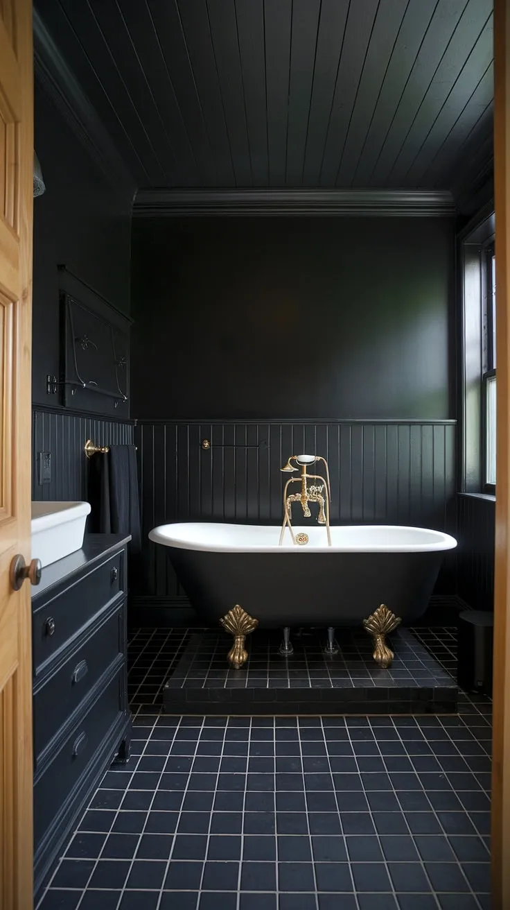 This black bathroom is a study in sophisticated minimalism. Black bathroom walls, complemented by striking black wainscoting, establish a dramatic atmosphere. Black tile bathrooms flooring enhances the sleek, modern feel. The black and wood bathroom design, incorporating natural wood tones in the door and window frame, adds warmth and depth. The focal point is undoubtedly the luxurious black clawfoot tub, complete with gold fixtures, a testament to inspired clawfoot tub ideas. Every detail, from the black shiplap ceiling to the black bathroom decor ideas, contributes to the overall cohesive and captivating design.