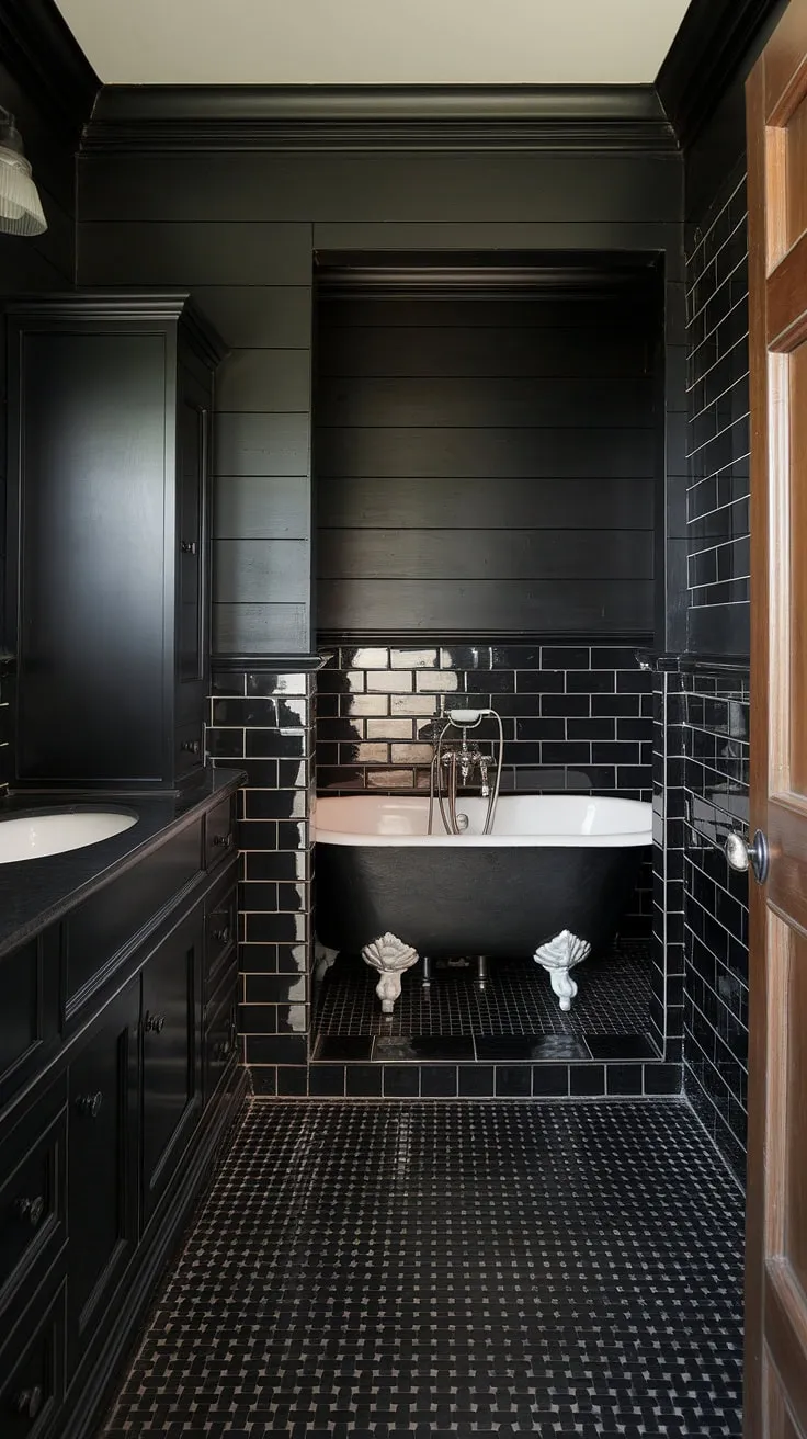 Dramatic and luxurious, this black bathroom showcases the power of monochrome design. Black bathroom walls, featuring a striking combination of black tile and black wainscoting, are elevated by the addition of black shiplap above. The black and wood bathroom elements, including the vanity and cabinet, complement the dark walls beautifully, while the white clawfoot tub in its alcove provides a striking focal point. The black and white checkered floor adds a touch of whimsy to this sophisticated space, offering compelling black bathroom decor ideas and showcasing the elegance of black tile bathrooms. This is a masterclass in clawfoot tub ideas within a black wainscoting setting.