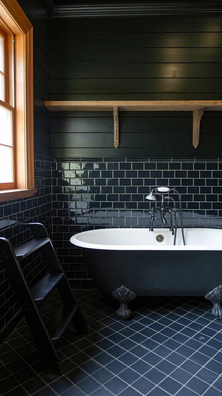 Dark elegance redefined: Black bathroom wainscoting and shiplap create a dramatic backdrop for this clawfoot tub, showcasing stunning black bathroom decor ideas in a sophisticated all-black bathroom. The black tile bathrooms and black and wood bathroom elements add depth and warmth.